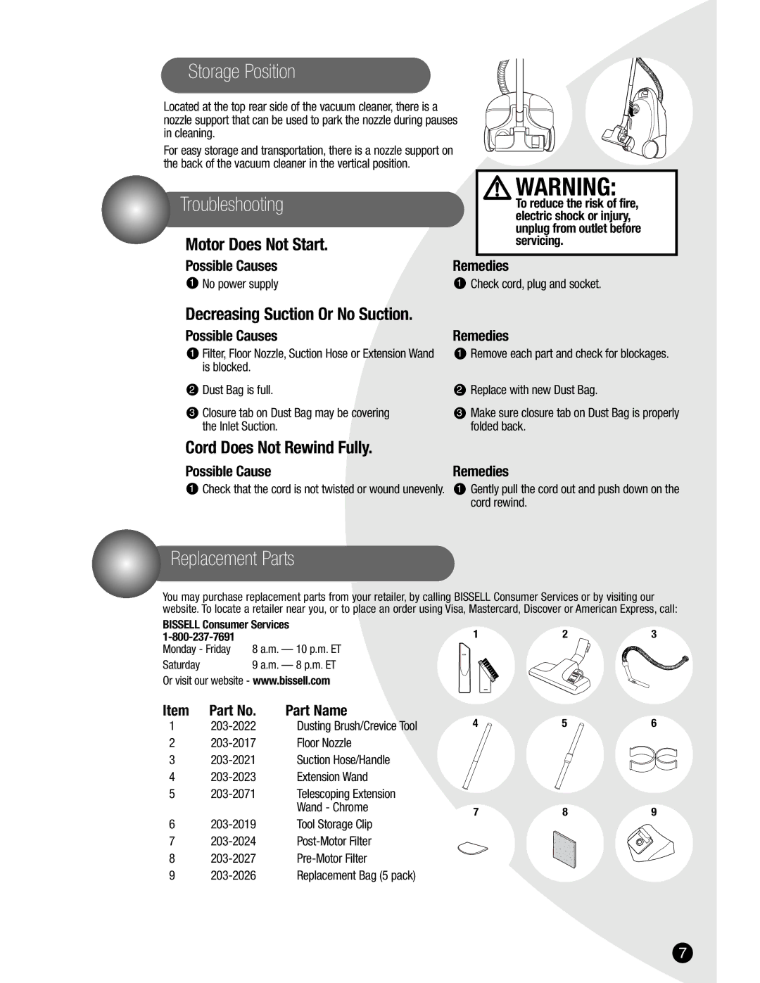 Bissell 6800 warranty Storage Position, Troubleshooting, Replacement Parts 