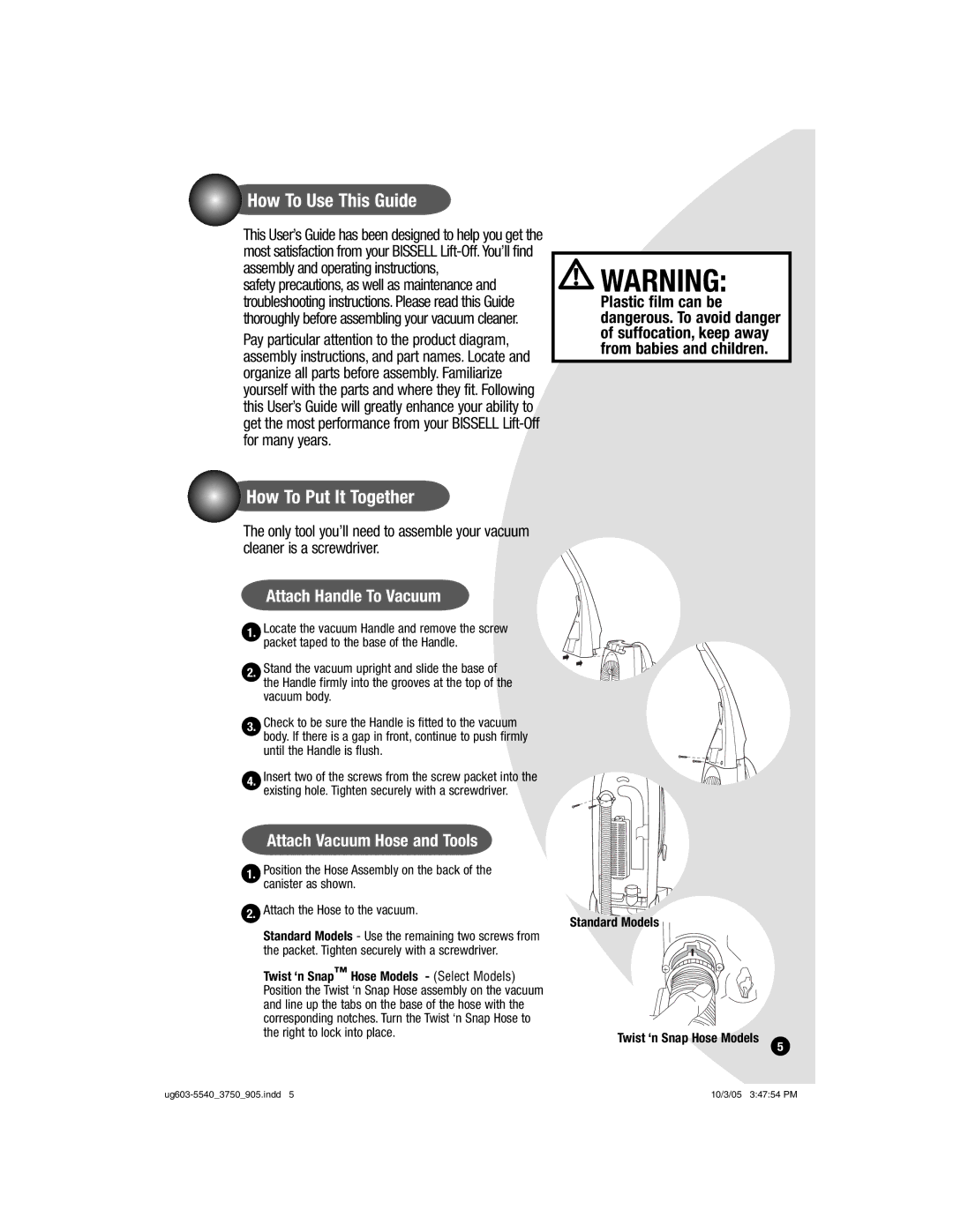 Bissell 6595, 6801 How To Use This Guide, How To Put It Together, Attach Handle To Vacuum, Attach Vacuum Hose and Tools 