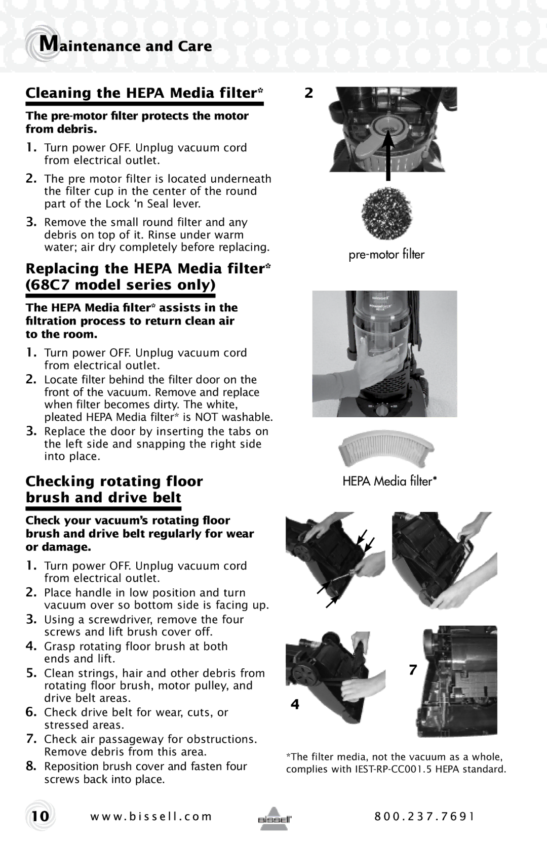 Bissell Maintenance and Care Cleaning the Hepa Media filter, Replacing the Hepa Media filter* 68C7 model series only 