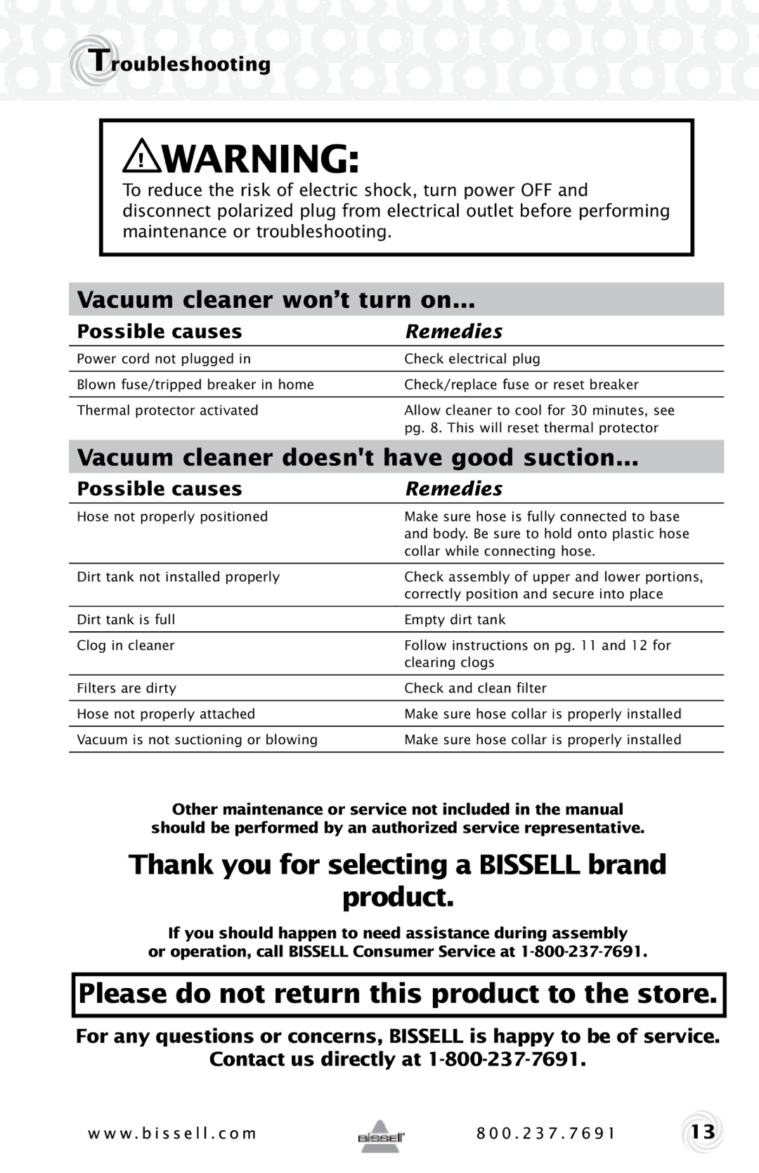 Bissell 12B1, 68C7 warranty Vacuum cleaner won’t turn on, Possible causes 