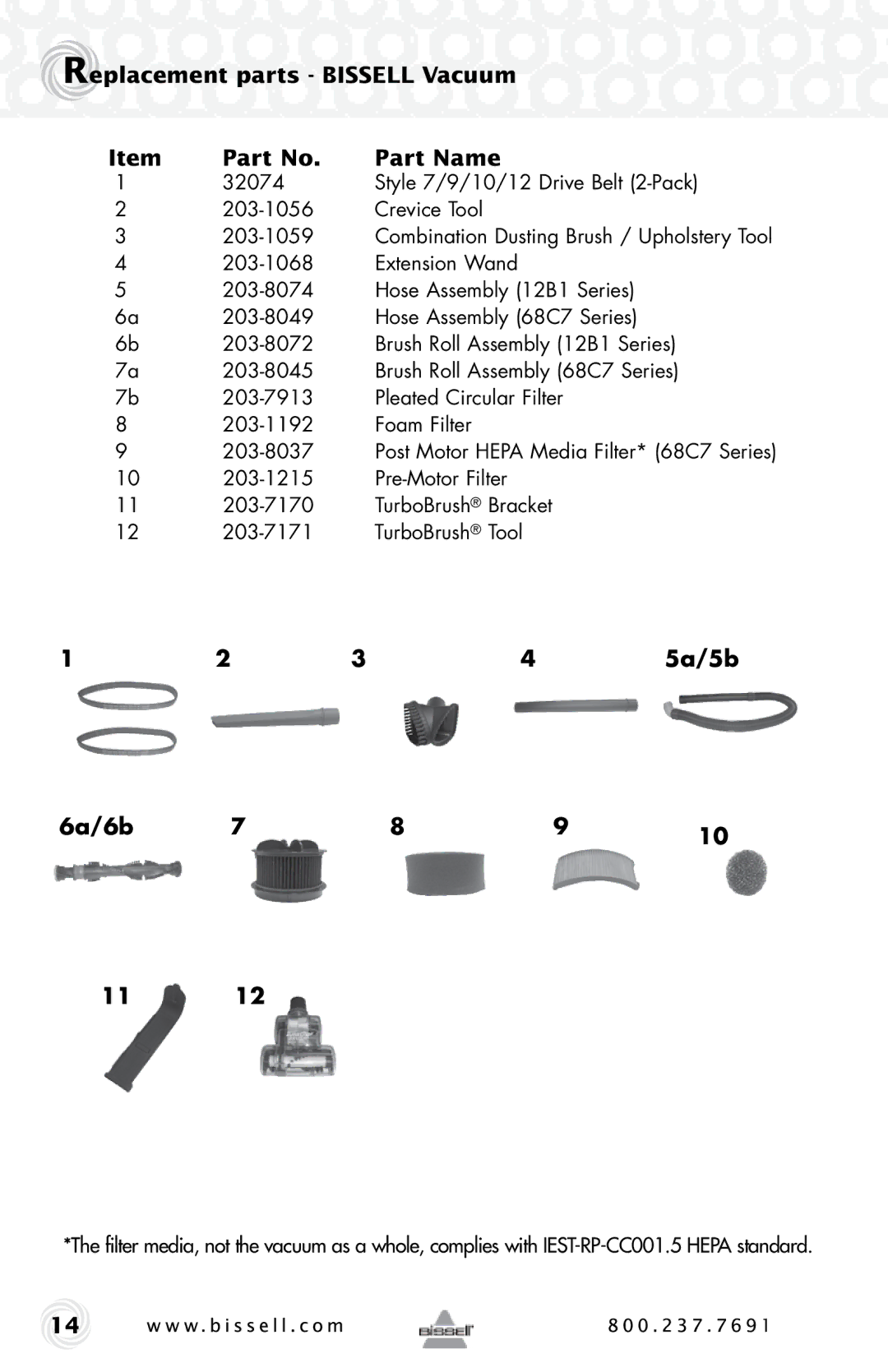 Bissell 68C7, 12B1 warranty Replacement parts Bissell Vacuum Part Name, 5a/5b, 6a/6b 