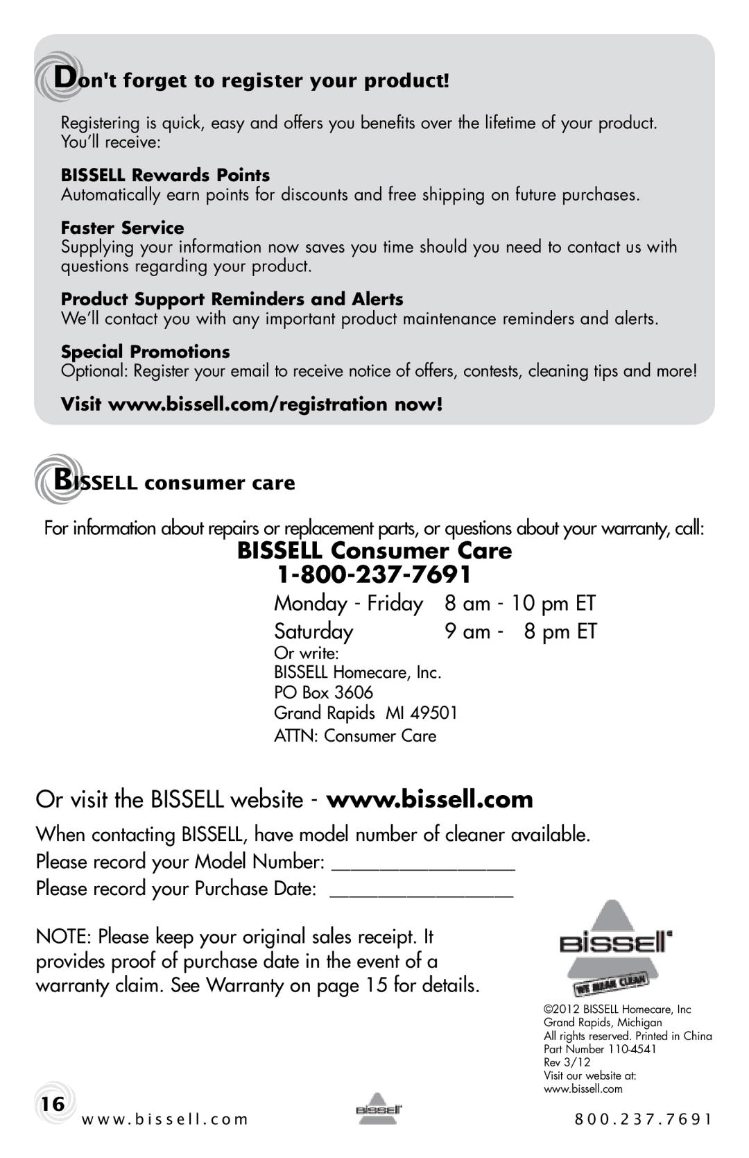 Bissell 68C7, 12B1 warranty Dont forget to register your product, Bissell consumer care 