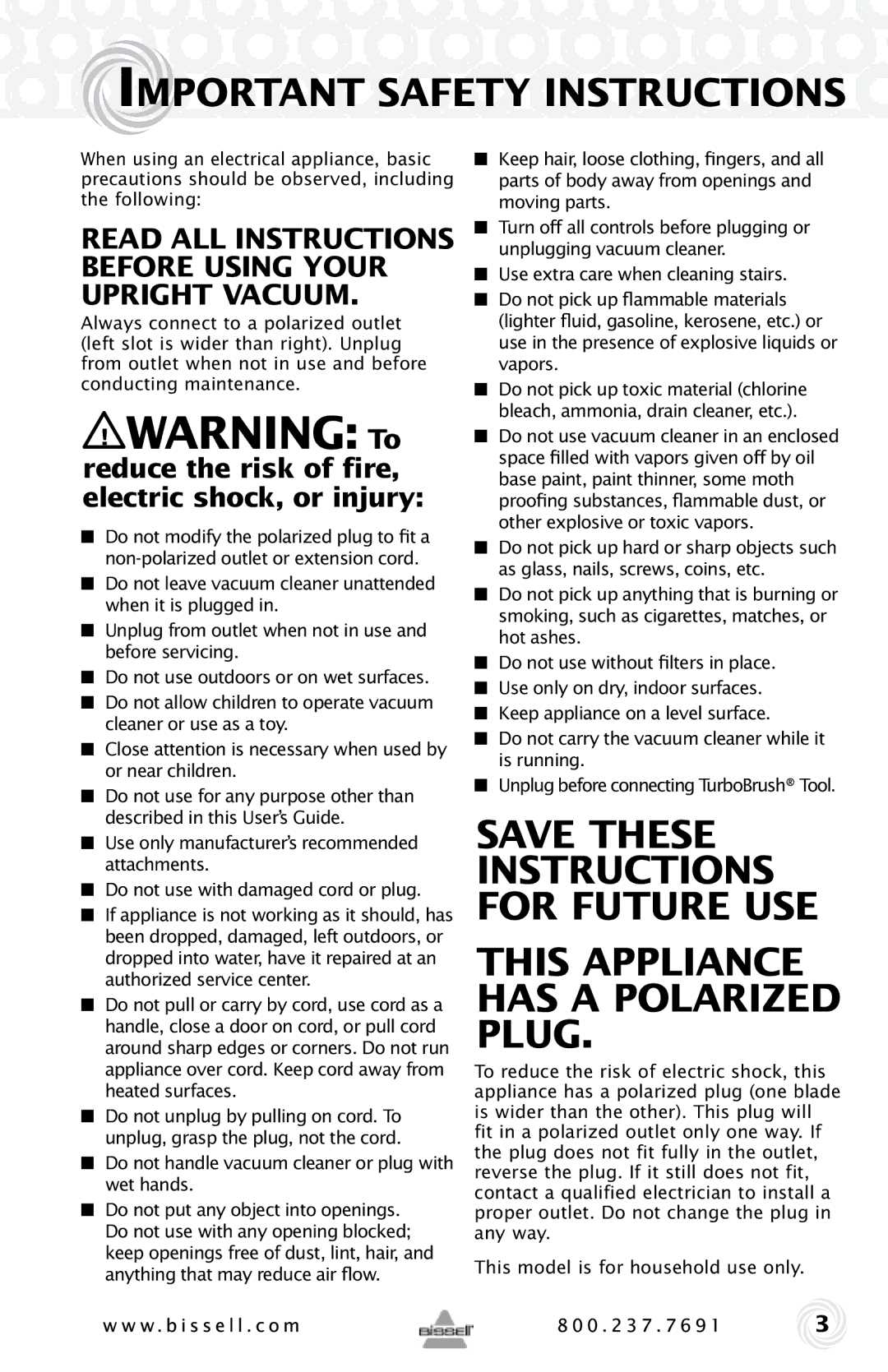 Bissell 12B1, 68C7 warranty Important Safety Instructions 