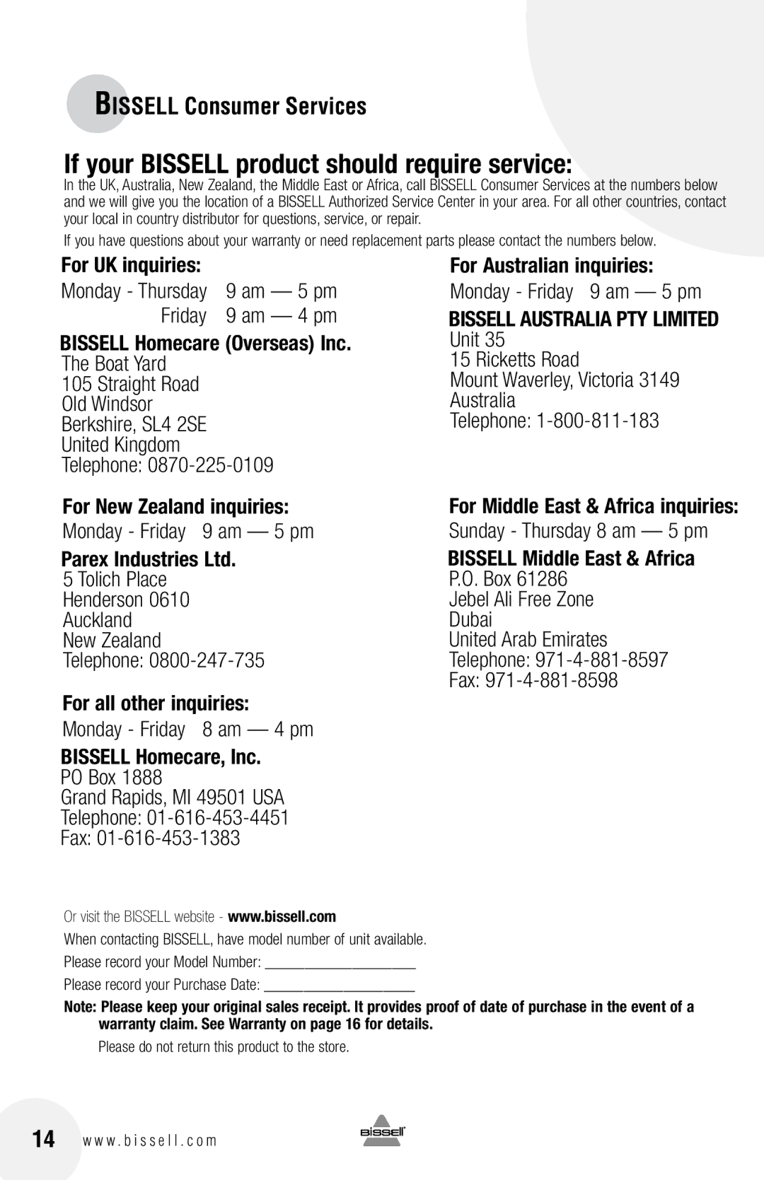 Bissell 68G9 warranty If your Bissell product should require service, Bissell Consumer Services 