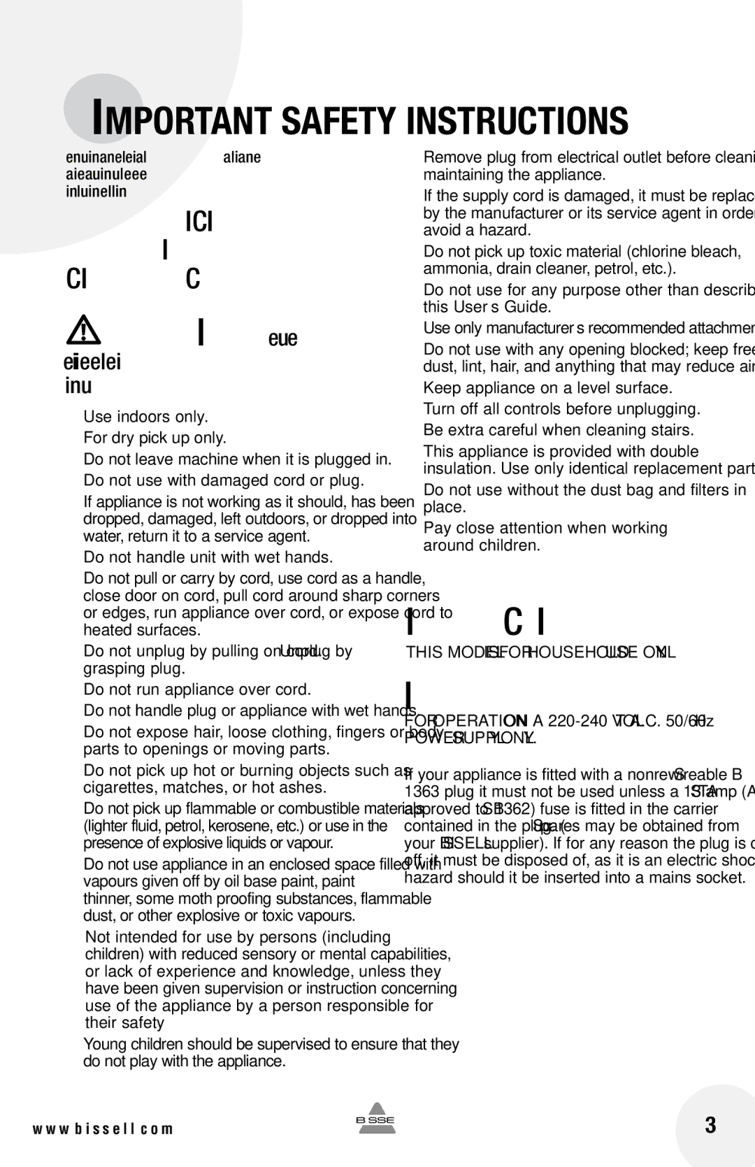 Bissell 68G9 warranty Save These Instructions 