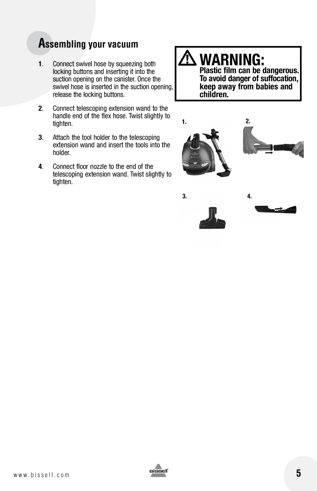 Bissell 68G9 warranty Assembling your vacuum 