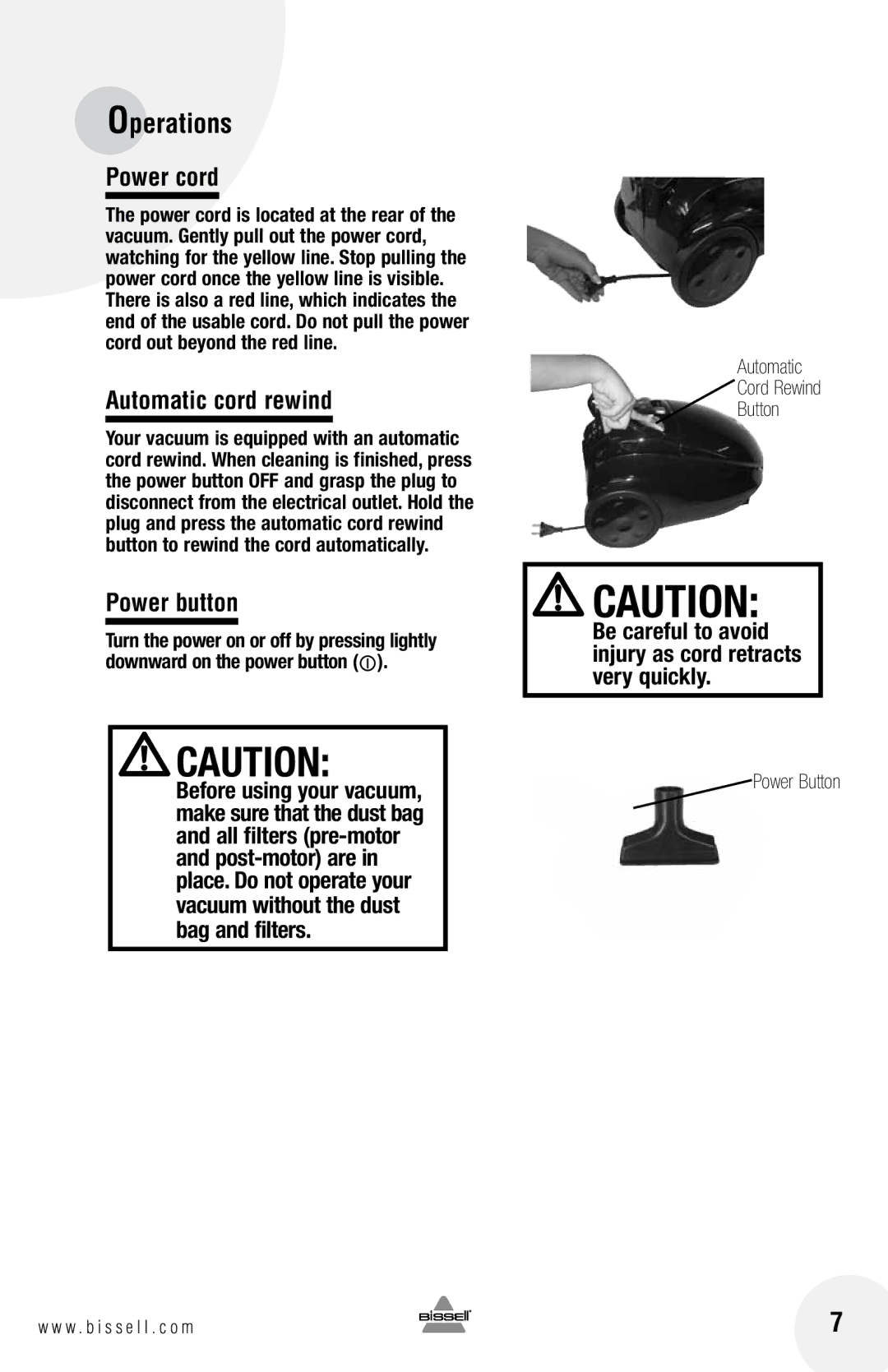Bissell 68G9 warranty Operations, Power cord, Automatic cord rewind, Power button 