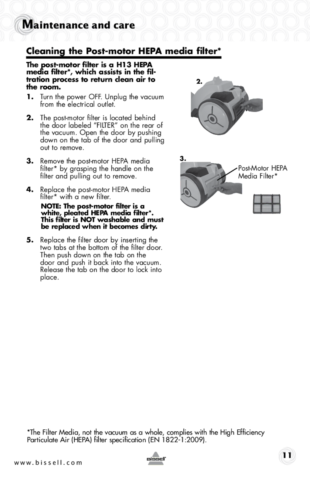 Bissell 68Z3 warranty Cleaning the Post-motor Hepa media filter 