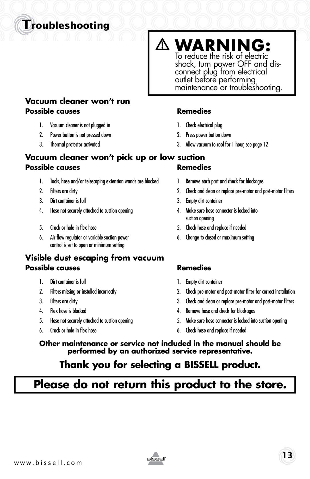 Bissell 68Z3 warranty Troubleshooting, Thank you for selecting a Bissell product, Vacuum cleaner won’t run 