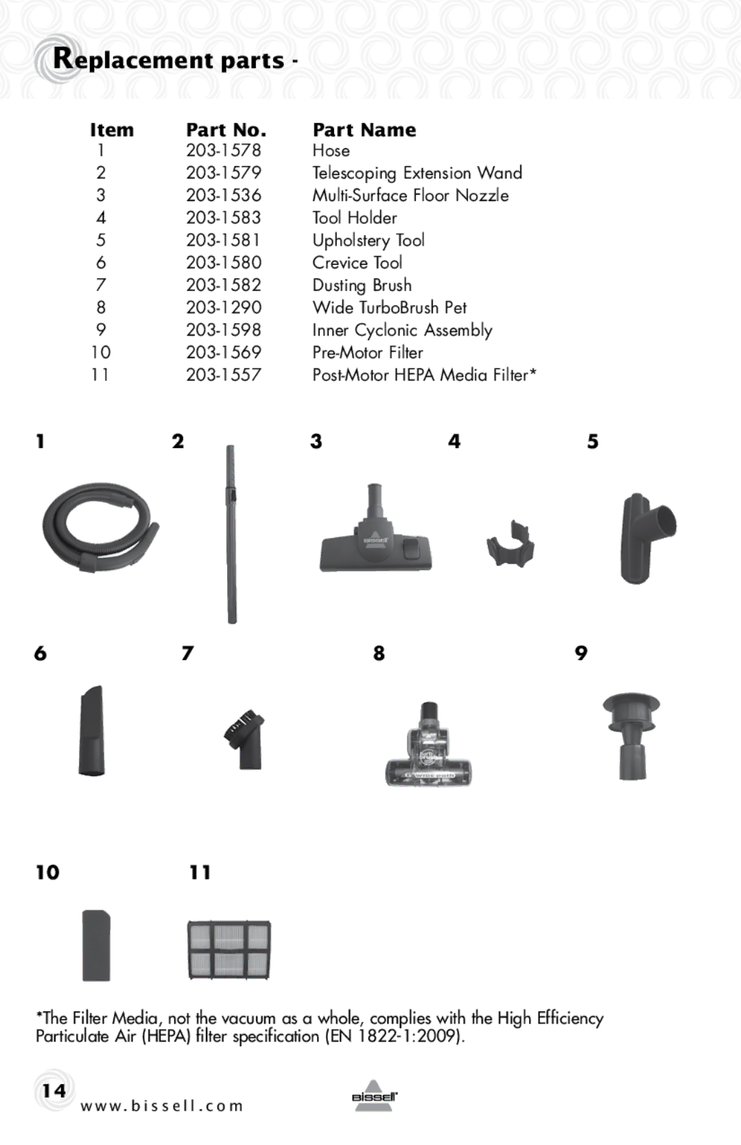 Bissell 68Z3 warranty Replacement parts, Part Name, 1011 