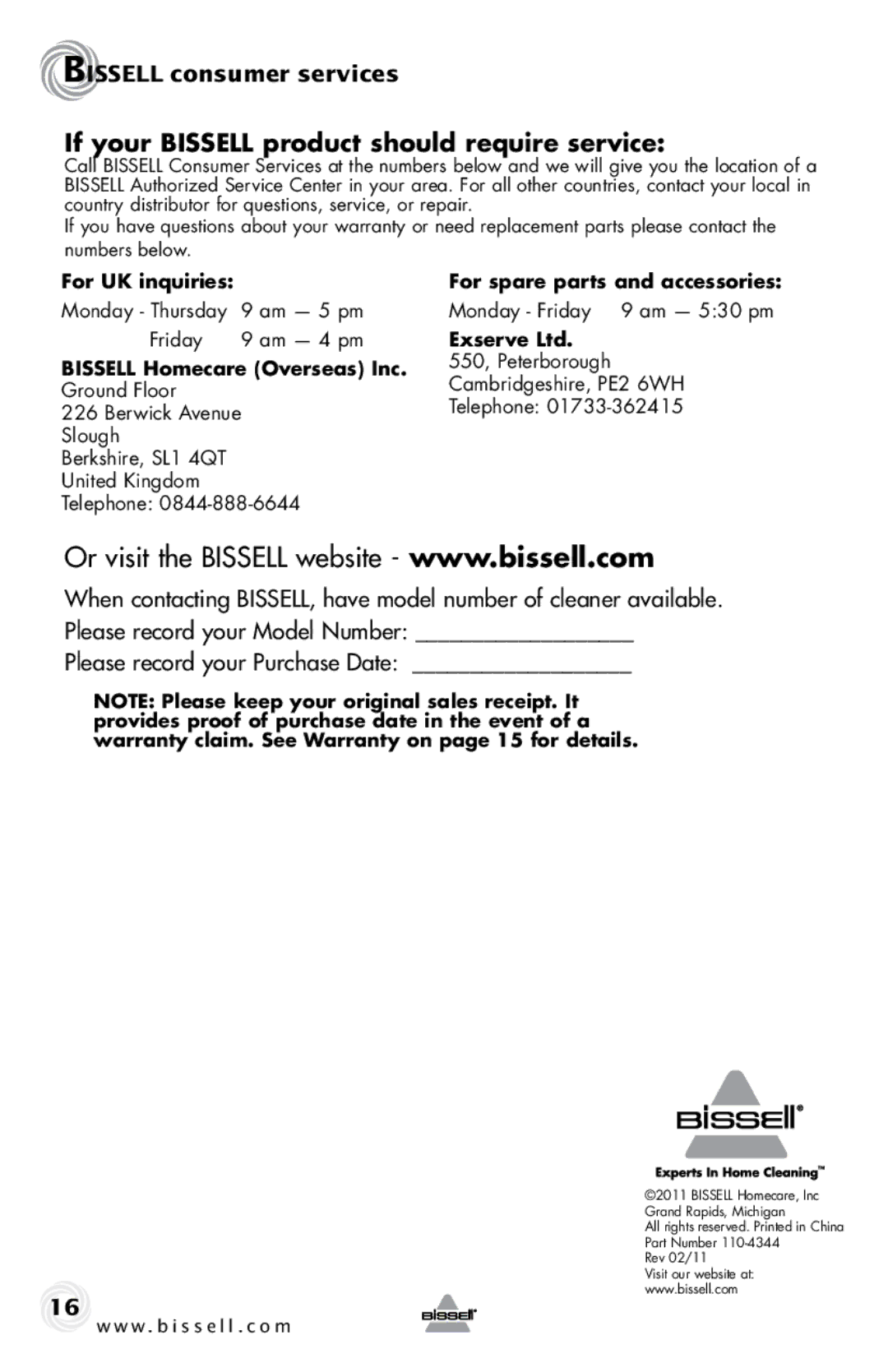 Bissell 68Z3 warranty If your Bissell product should require service, Bissell consumer services 