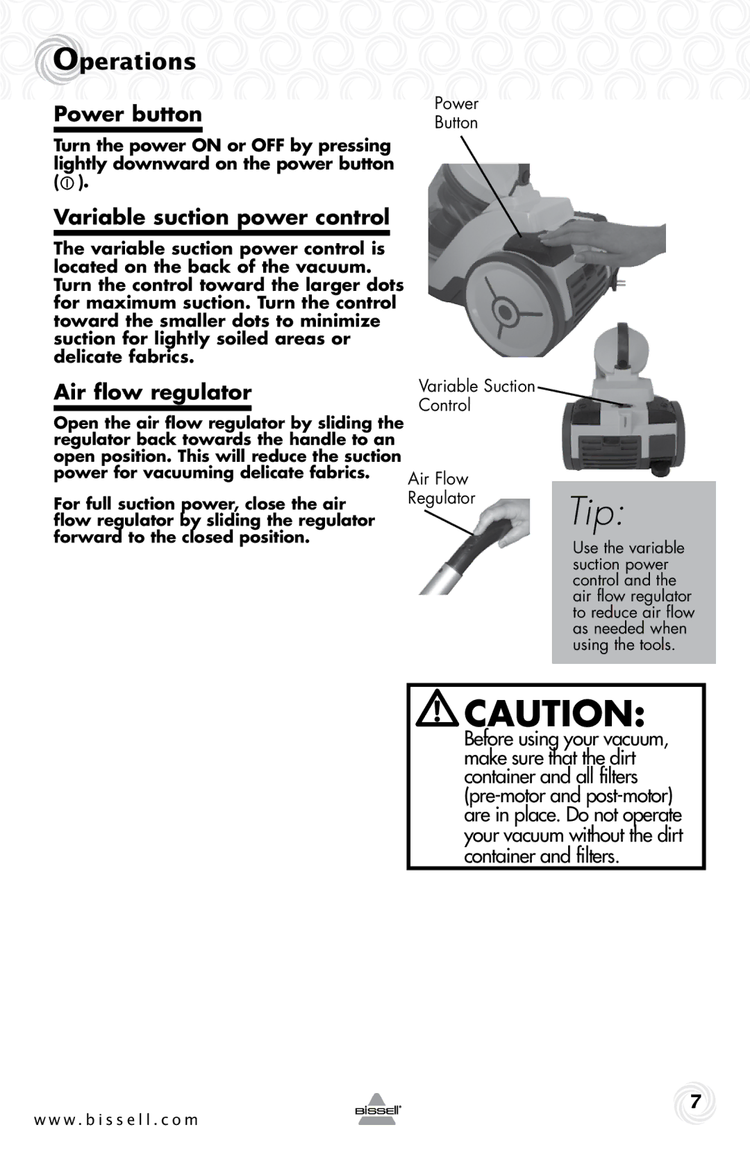 Bissell 68Z3 warranty Power button, Variable suction power control, Air flow regulator 