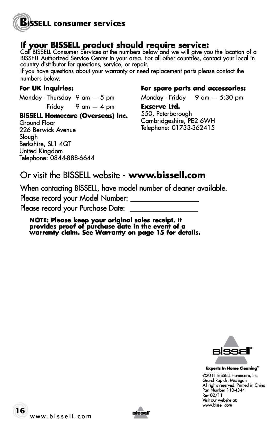 Bissell 68Z3 If your BISSELL product should require service, BISSELL consumer services, Please record your Purchase Date 