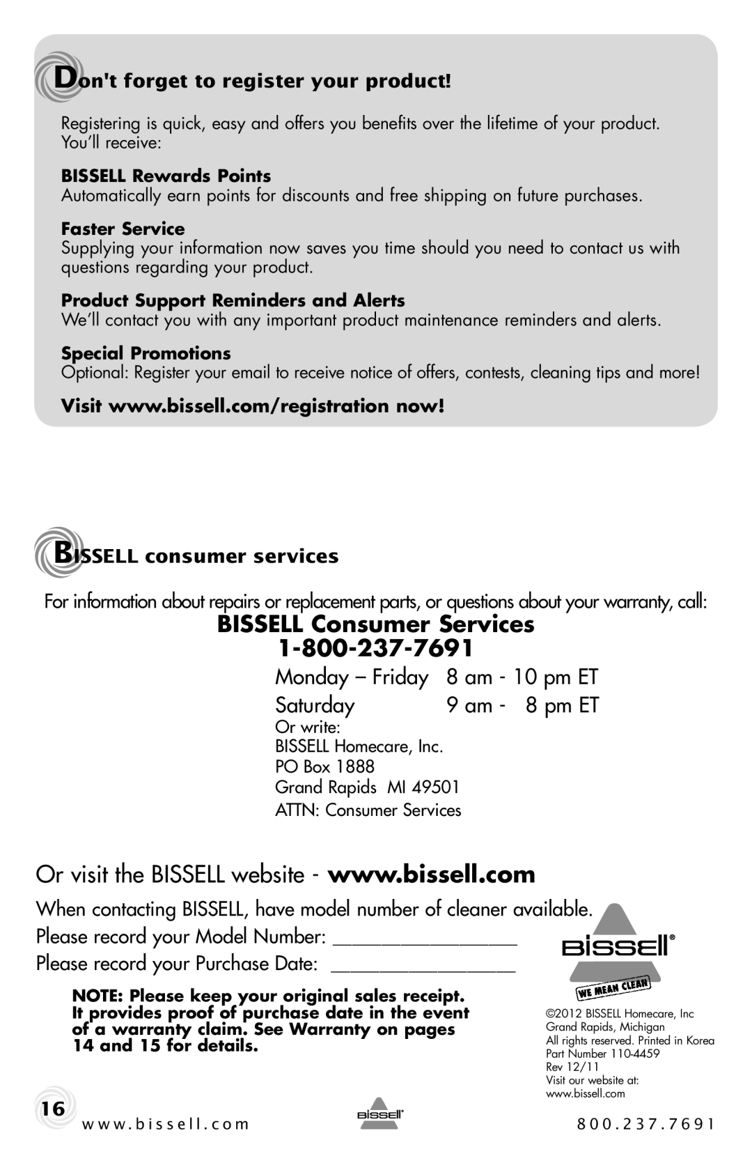 Bissell 70V9, 327Y warranty Bissell Consumer Services, Dont forget to register your product, Bissell consumer services 