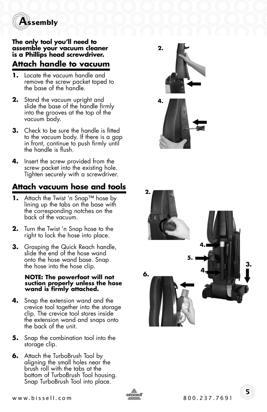 Bissell 327Y, 70V9 warranty Attach handle to vacuum, Attach vacuum hose and tools, Assembly 