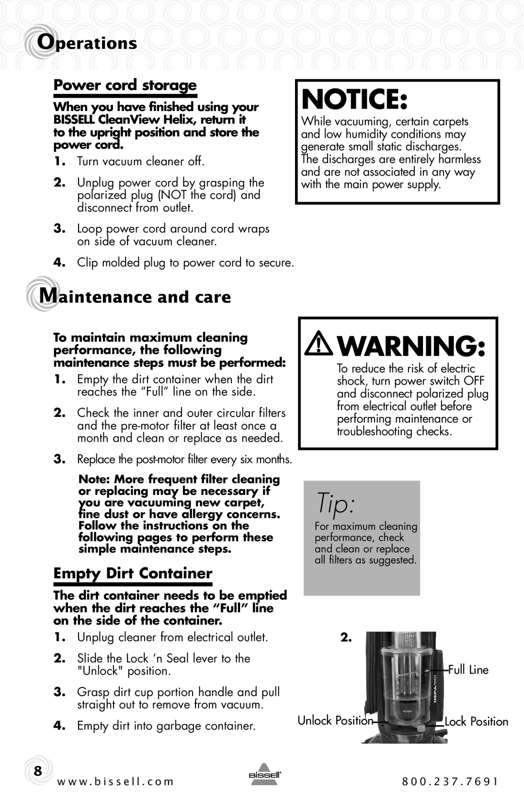 Bissell 70V9, 327Y warranty Maintenance and care, Power cord storage, Empty Dirt Container 