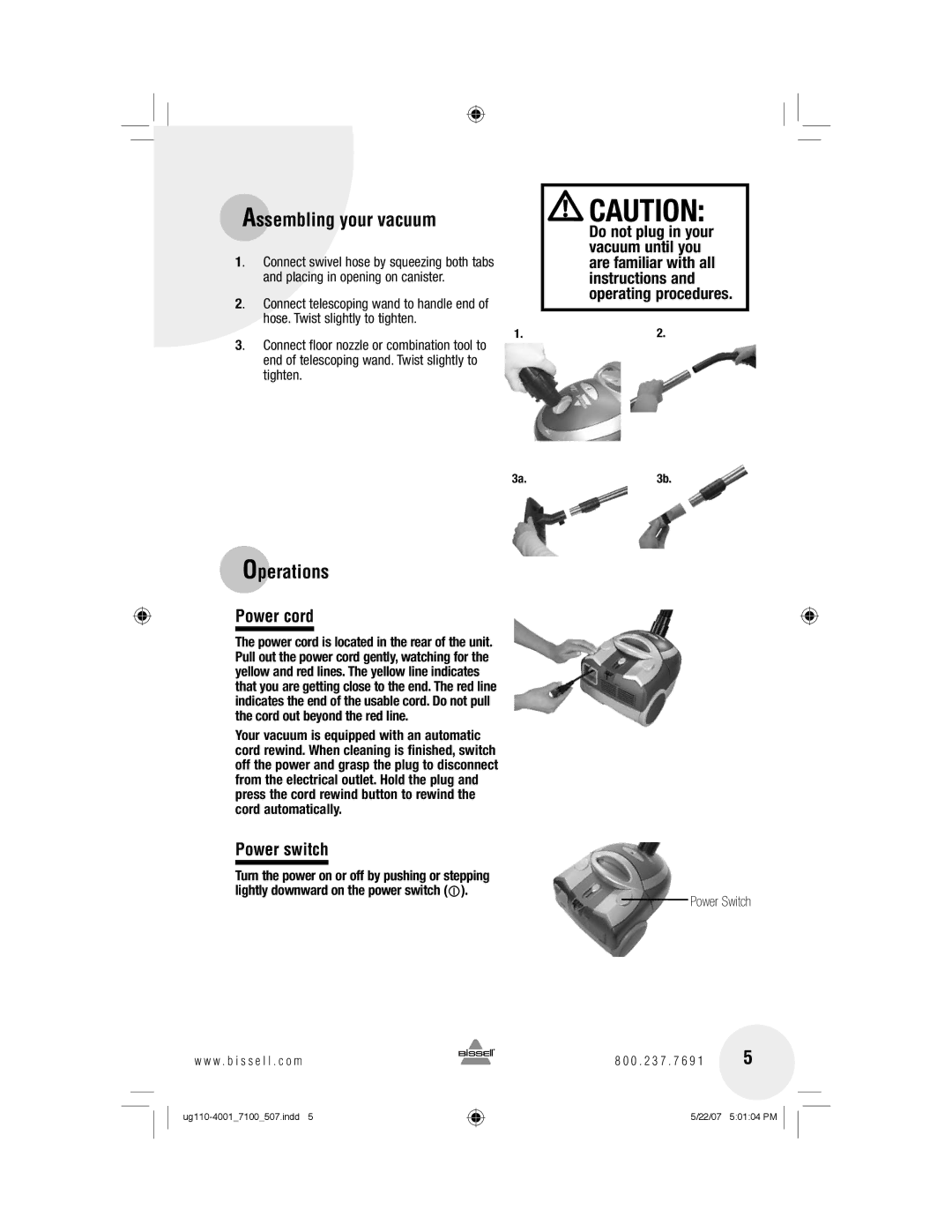 Bissell 7100 warranty Assembling your vacuum, Operations, Power cord, Power switch 