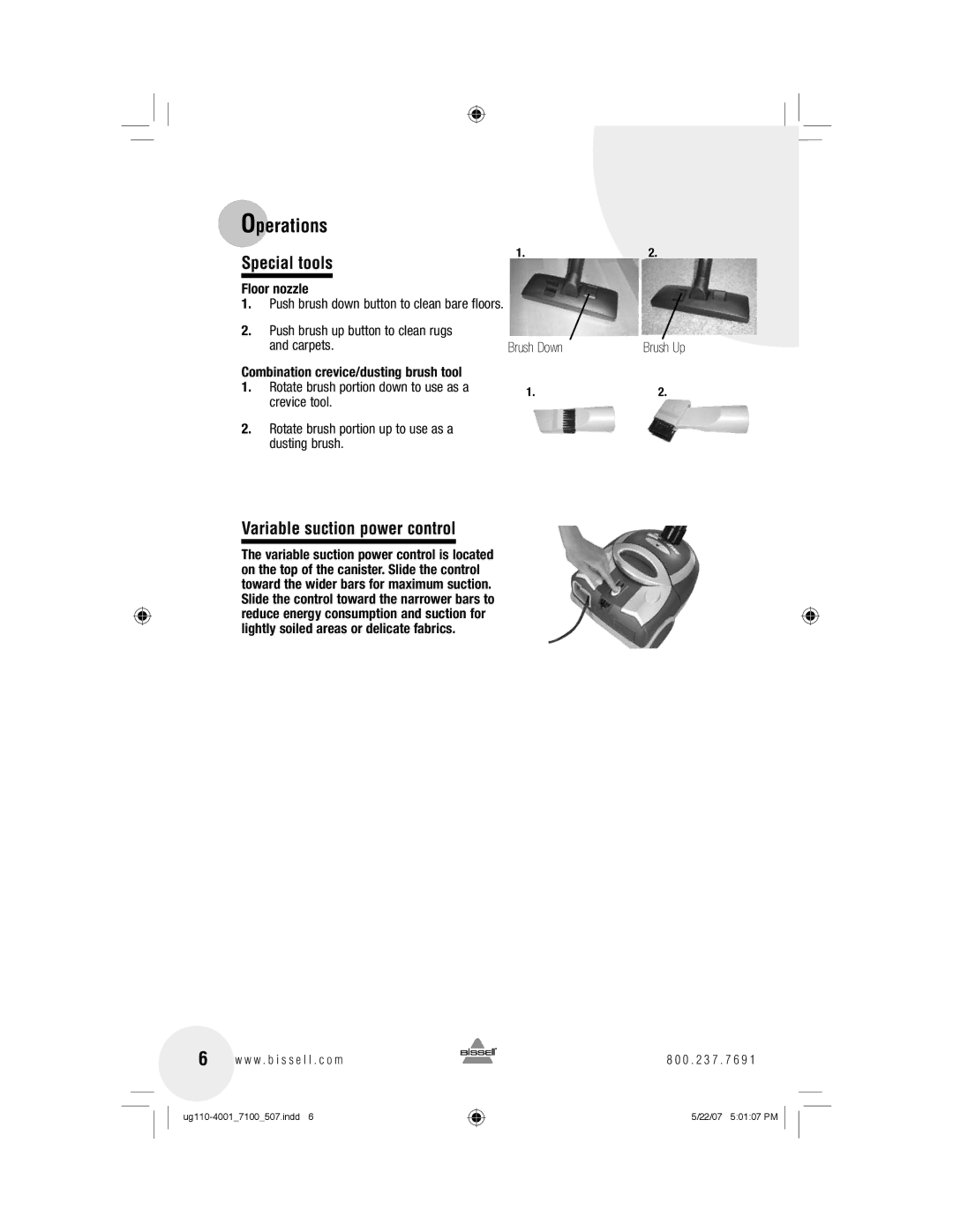 Bissell 7100 warranty Special tools, Variable suction power control 