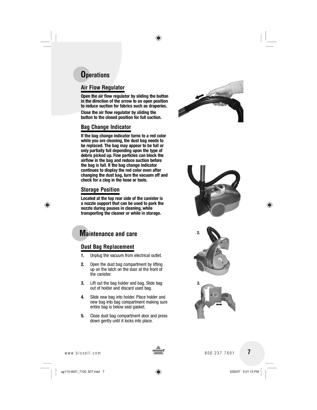 Bissell 7100 Maintenance and care, Air Flow Regulator, Bag Change Indicator, Storage Position, Dust Bag Replacement 