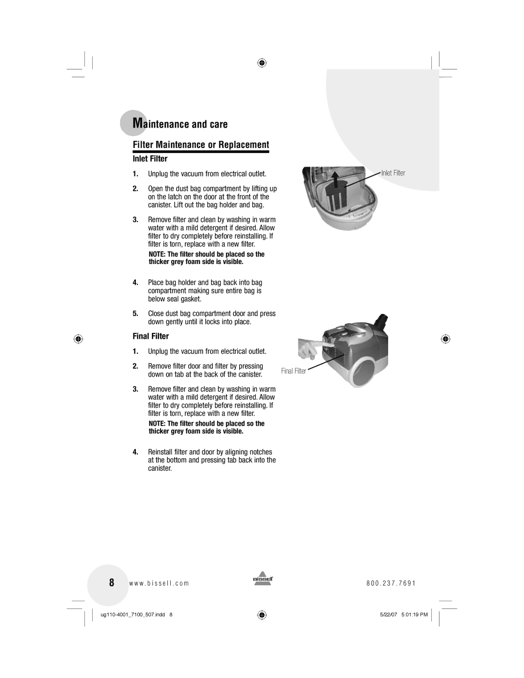 Bissell 7100 warranty Filter Maintenance or Replacement, Inlet Filter, Final Filter 