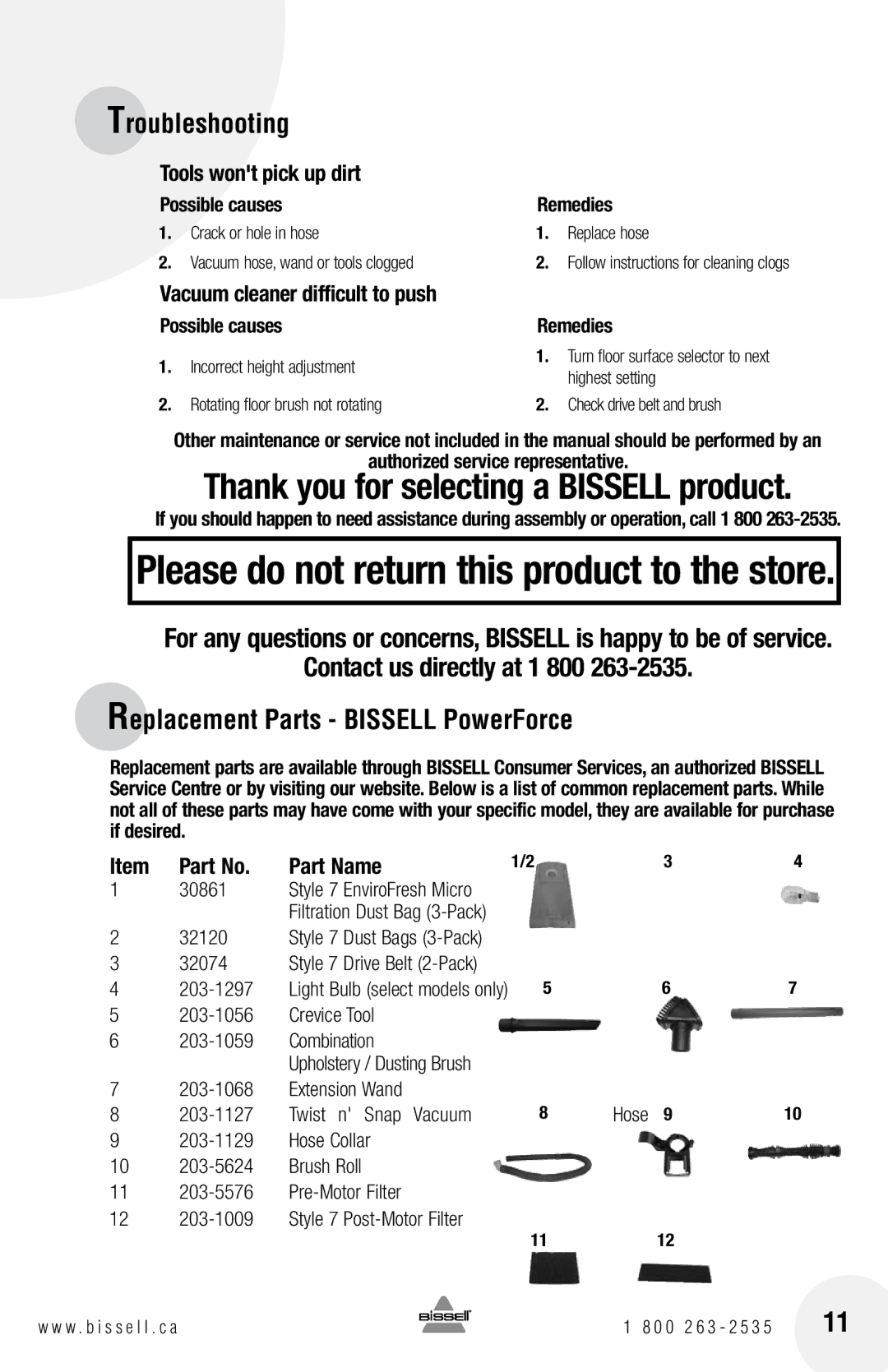 Bissell 46E5, 71Y7, 3530, 3537, 3525 warranty Possible causes Remedies, Authorized service representative, Hose 