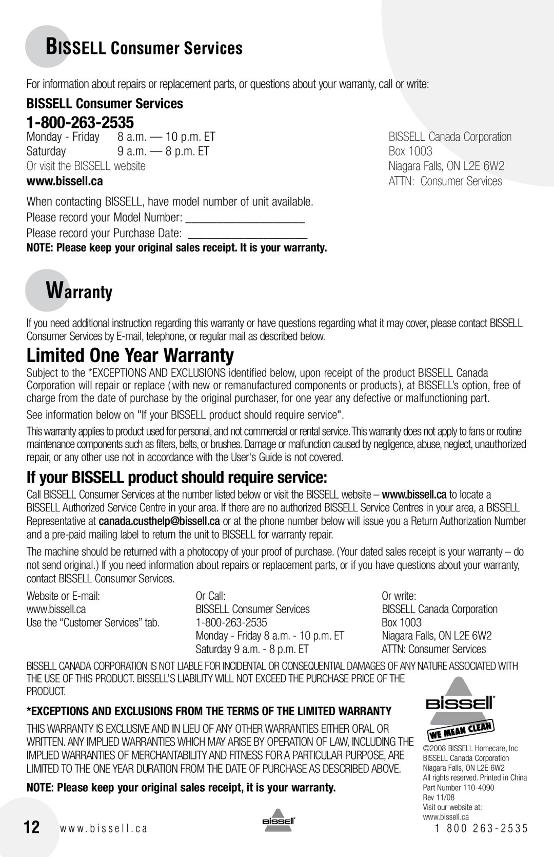 Bissell 3530, 71Y7, 46E5, 3537, 3525 Bissell Consumer Services, Warranty, If your Bissell product should require service 