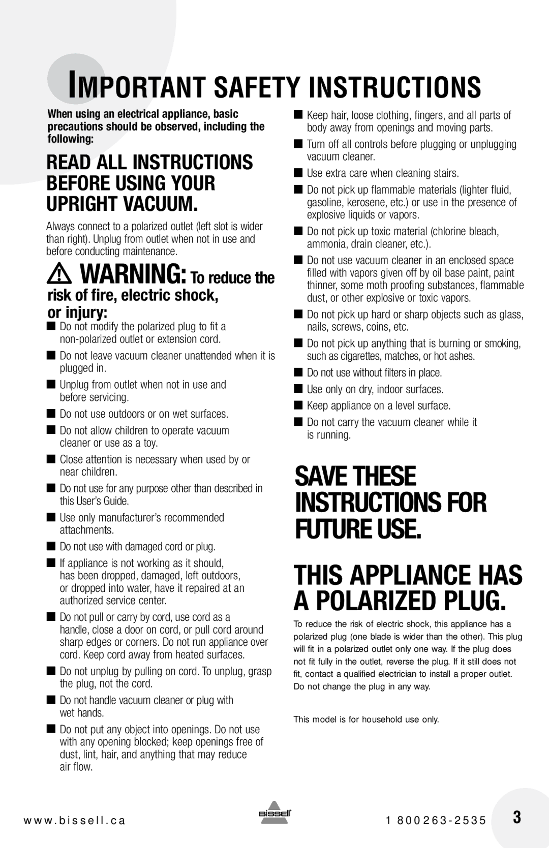 Bissell 3537, 71Y7, 46E5, 3530, 3525 warranty Important Safety Instructions, Or injury 