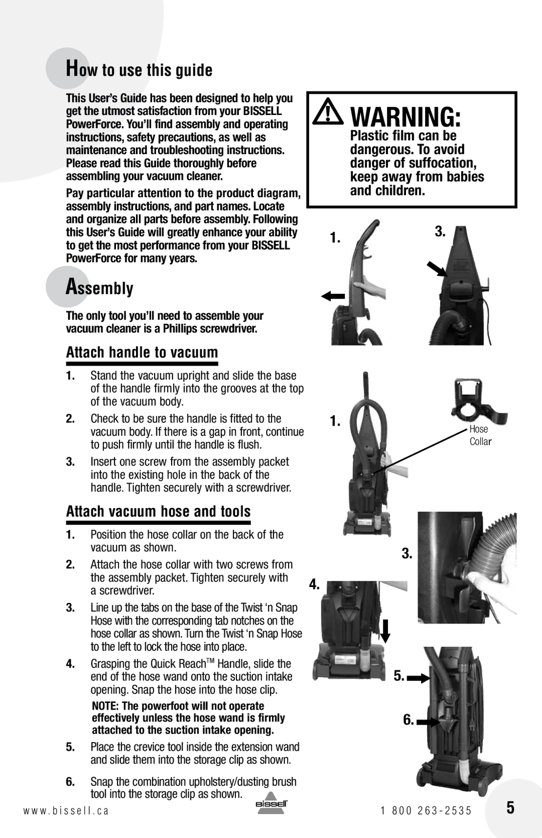 Bissell 71Y7, 46E5, 3530, 3537, 3525 How to use this guide, Assembly, Attach handle to vacuum, Attach vacuum hose and tools 