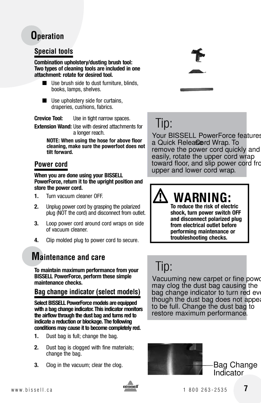 Bissell 3530, 71Y7, 46E5, 3537, 3525 warranty Maintenance and care, Power cord, Bag change indicator select models 