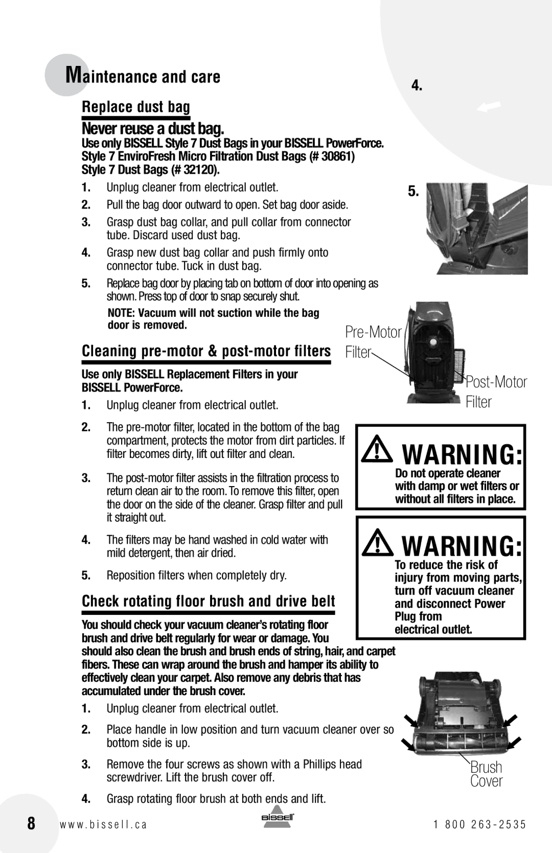 Bissell 3537, 71Y7 Never reuse a dust bag, Pre-Motor, Filter, Replace dust bag, Cleaning pre-motor & post-motor filters 