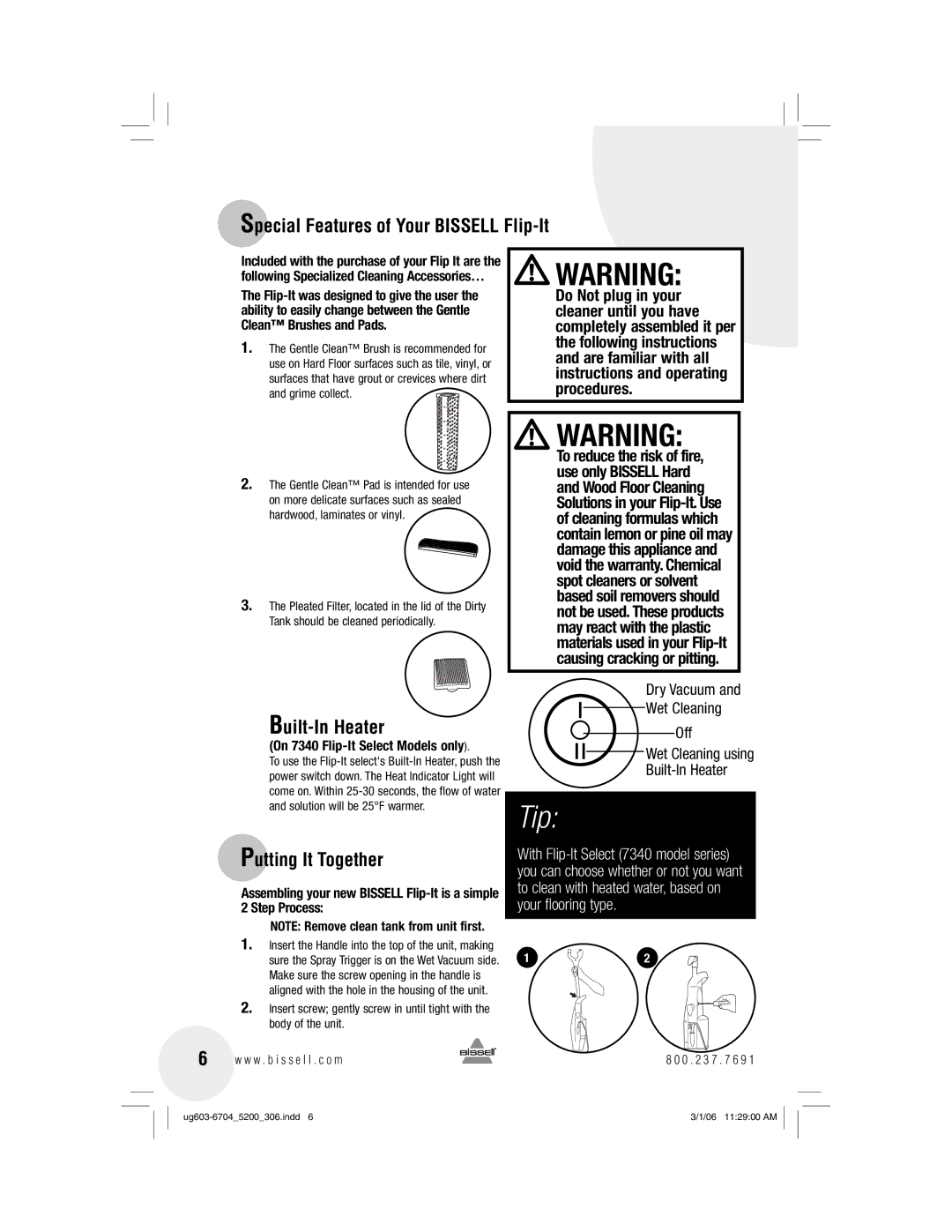 Bissell 7340 warranty Special Features of Your Bissell Flip-It, Built-In Heater, Putting It Together, Step Process 