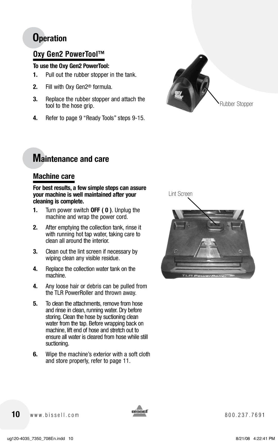 Bissell 7350 warranty Maintenance and care, Machine care, To use the Oxy Gen2 PowerTool 