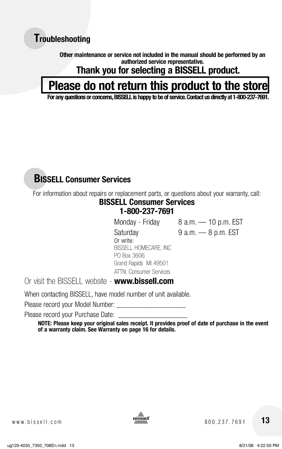 Bissell 7350 warranty Bissell Consumer Services, Authorized service representative 