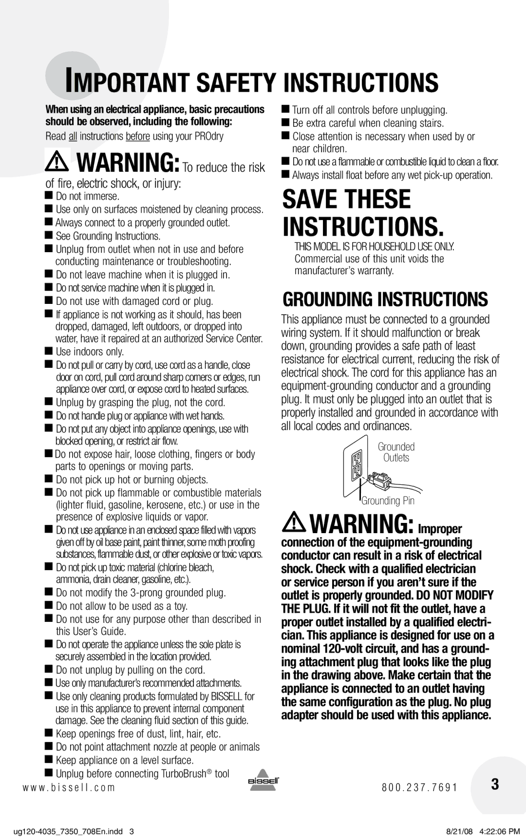 Bissell 7350 warranty Save These Instructions 