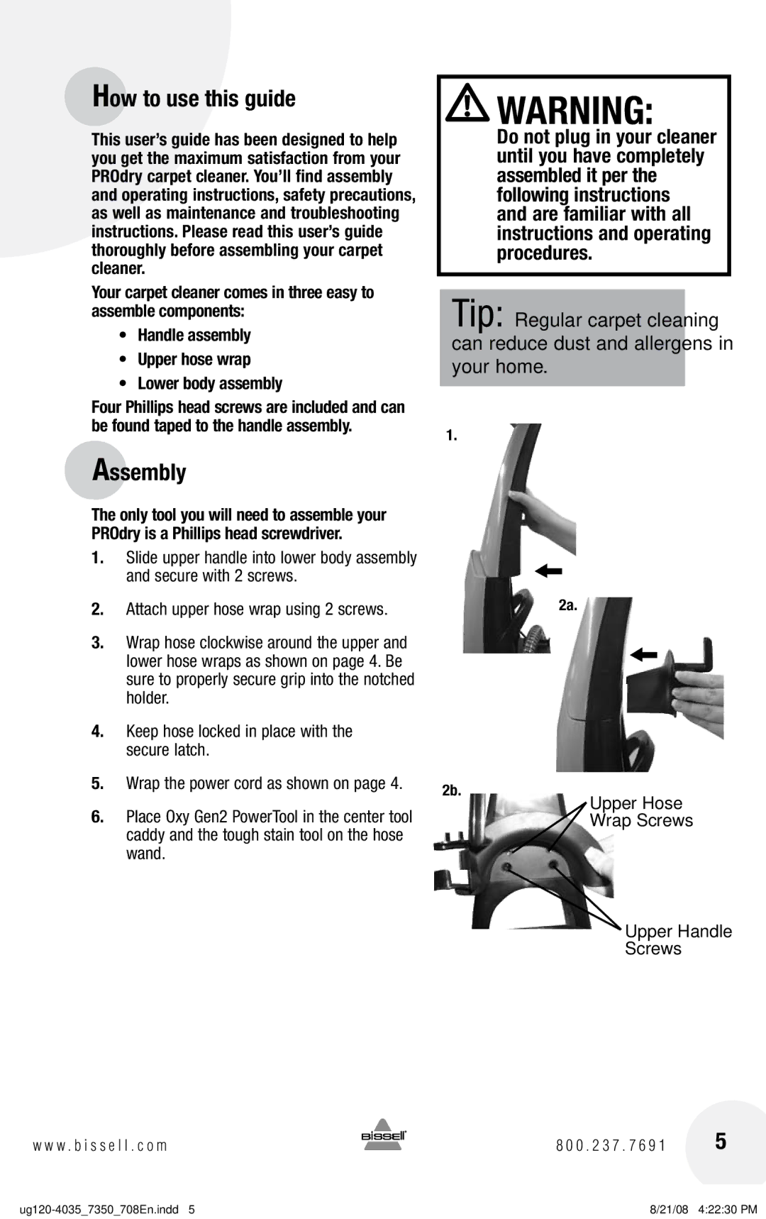 Bissell 7350 warranty How to use this guide, Assembly, Handle assembly Upper hose wrap Lower body assembly 