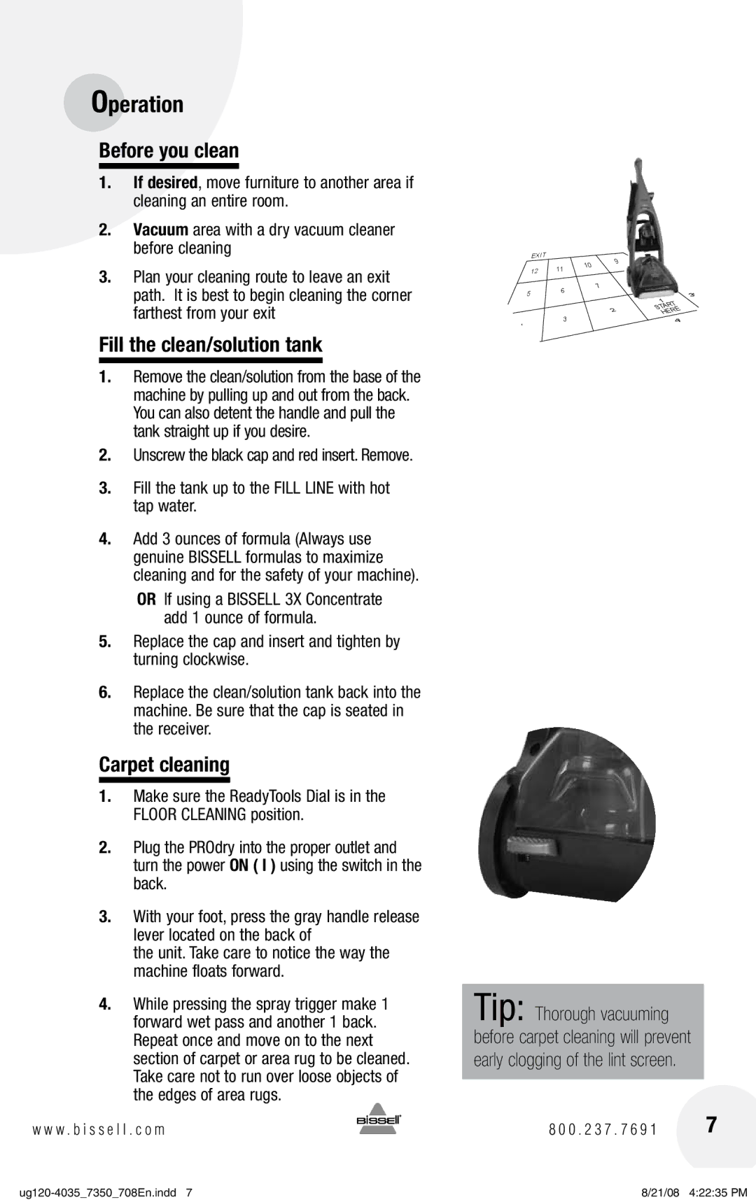 Bissell 7350 warranty Operation, Before you clean, Fill the clean/solution tank, Carpet cleaning 