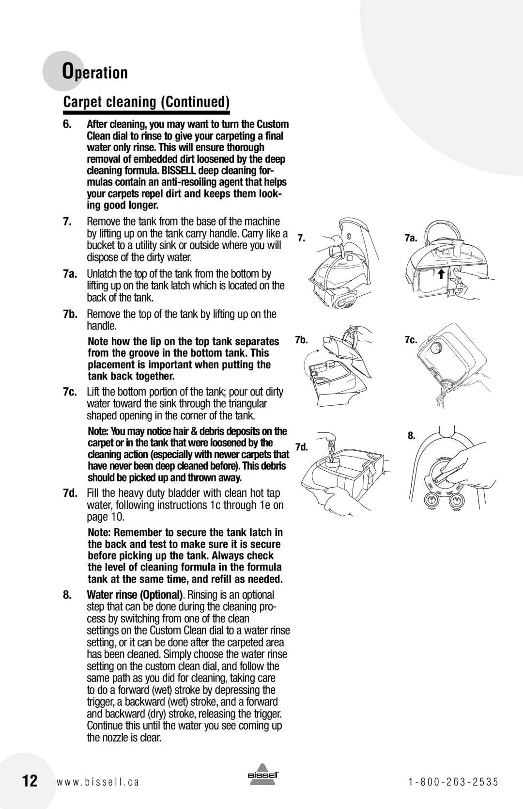 Bissell 73A5 warranty Dispose of the dirty water, Back of the tank, Handle 