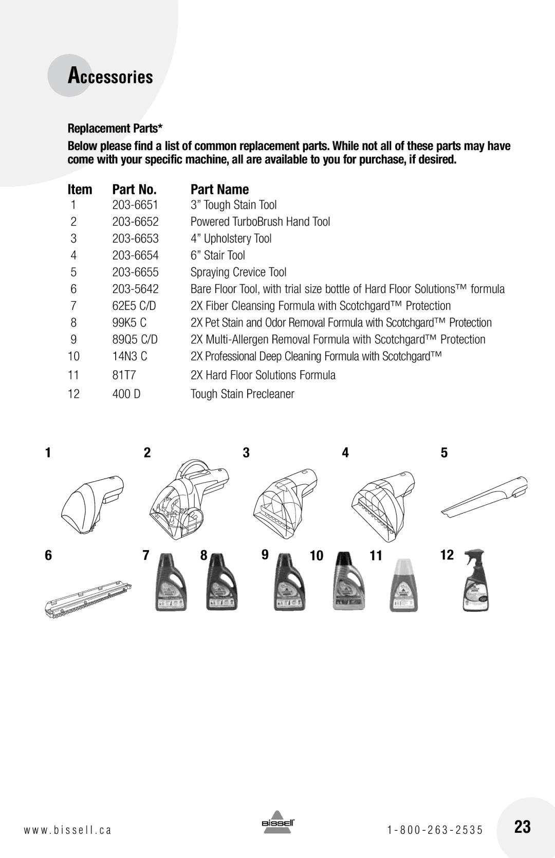 Bissell 73A5 warranty Accessories, Item Part No, Replacement Parts 