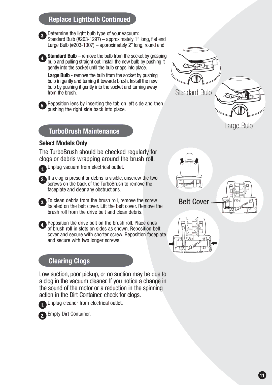 Bissell 20Q9, 73G8 warranty Large Bulb, TurboBrush Maintenance, Clearing Clogs 