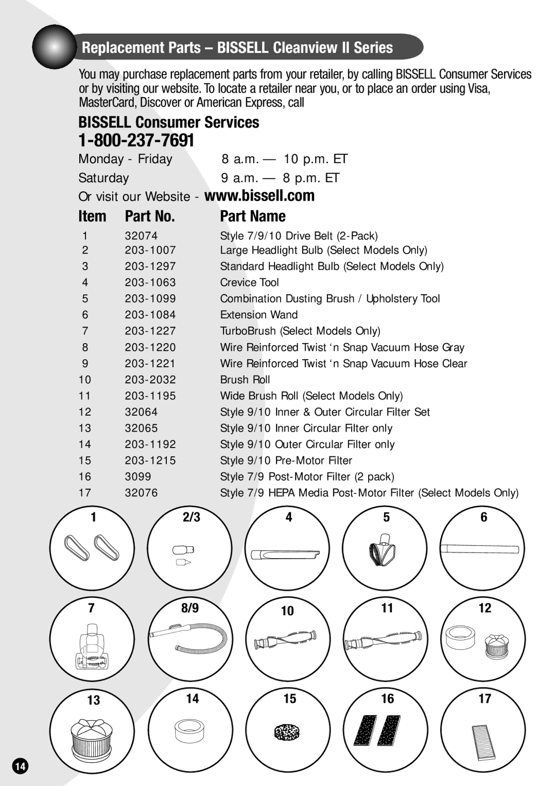 Bissell 73G8, 20Q9 warranty Replacement Parts Bissell Cleanview II Series, Bissell Consumer Services, Part Name 