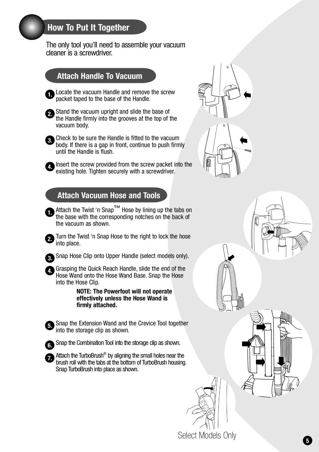 Bissell 20Q9, 73G8 How To Put It Together, Select Models Only, Attach Handle To Vacuum, Attach Vacuum Hose and Tools 