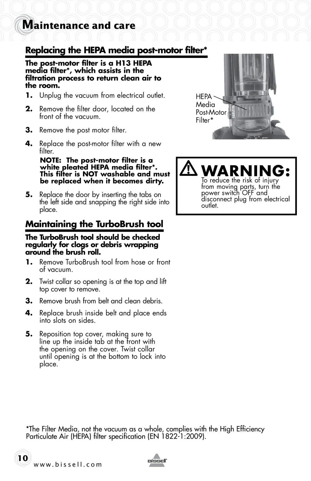 Bissell 74T5 warranty Replacing the Hepa media post-motor filter, Maintaining the TurboBrush tool, Media Post-Motor Filter 