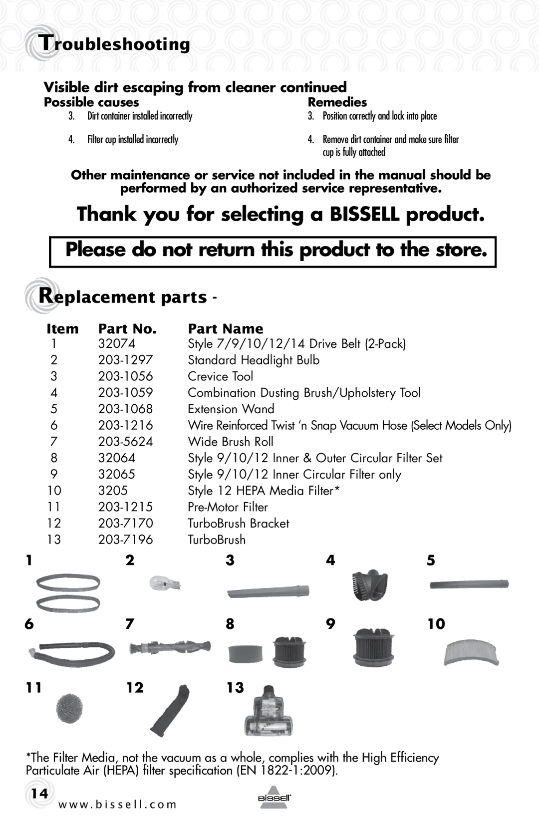 Bissell 74T5 warranty Replacement parts, Style 7/9/10/12/14 Drive Belt 2-Pack 203-1297, Crevice Tool 203-1059 