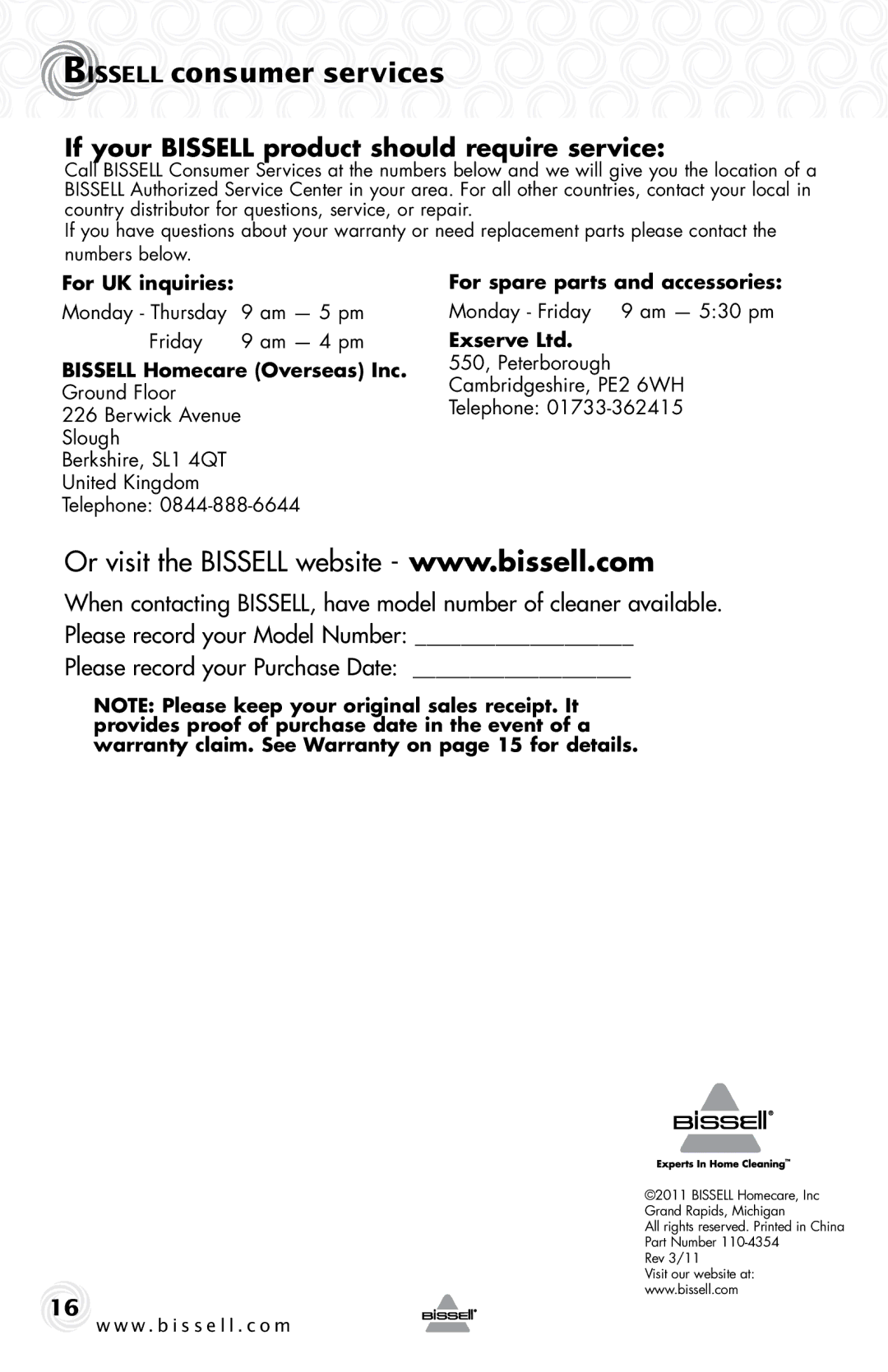 Bissell 74T5 warranty Bissell consumer services, If your Bissell product should require service, Monday Friday 9 am 530 pm 