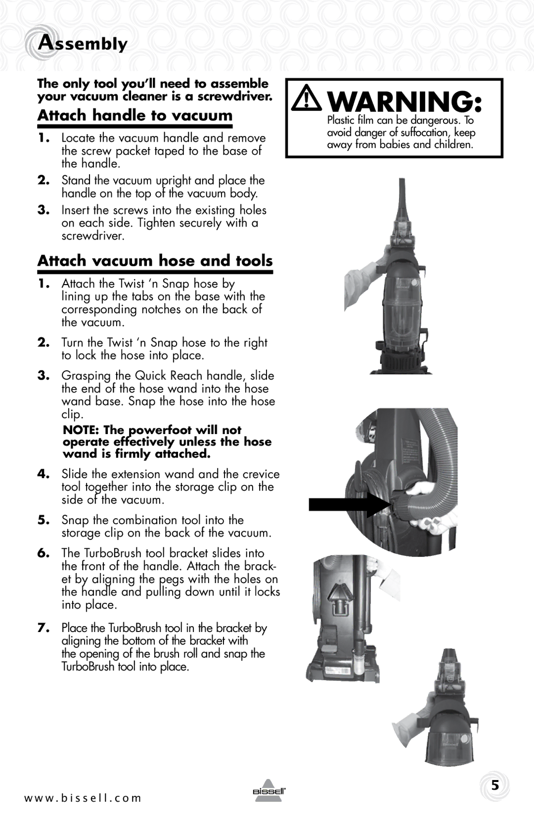 Bissell 74T5 warranty Assembly, Attach handle to vacuum, Attach vacuum hose and tools 