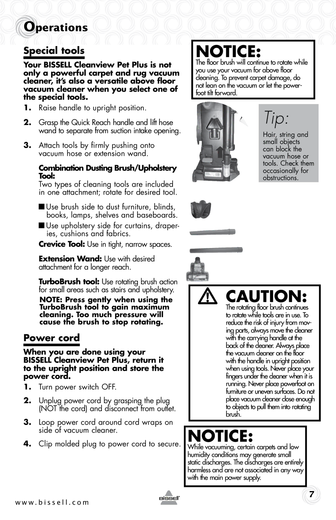 Bissell 74T5 Special tools, Power cord, Raise handle to upright position, Combination Dusting Brush/Upholstery Tool 