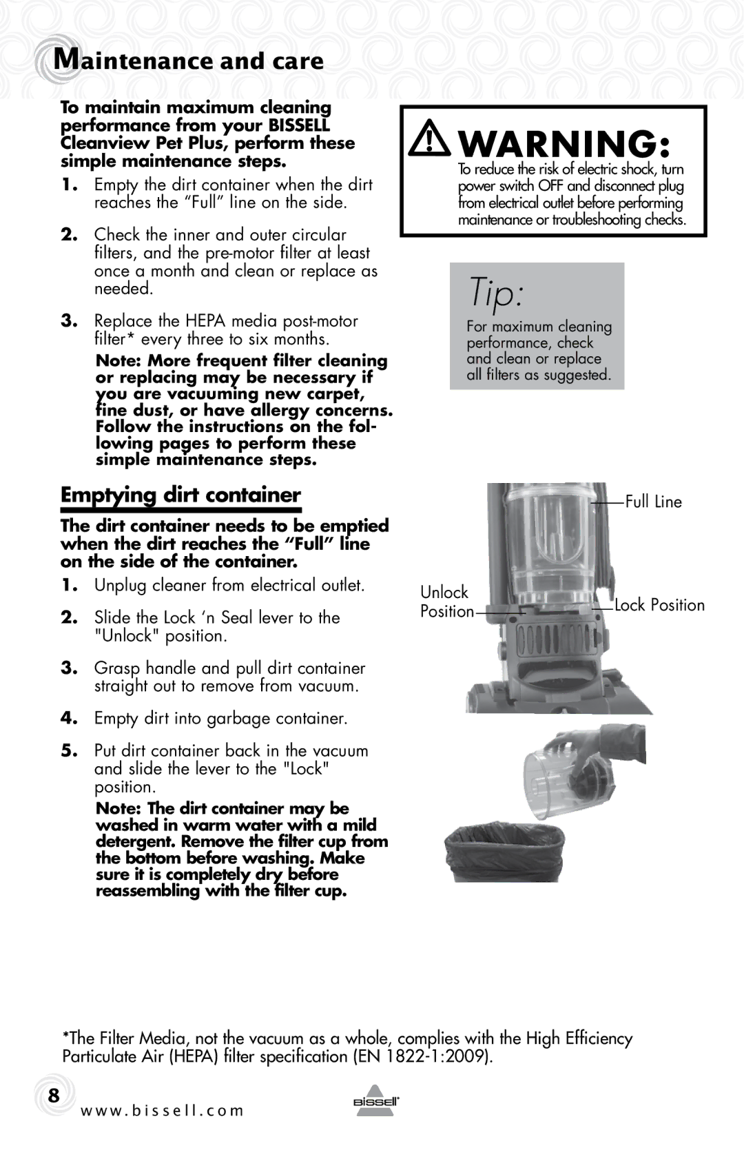 Bissell 74T5 warranty Maintenance and care, Emptying dirt container, Full Line, Unlock 