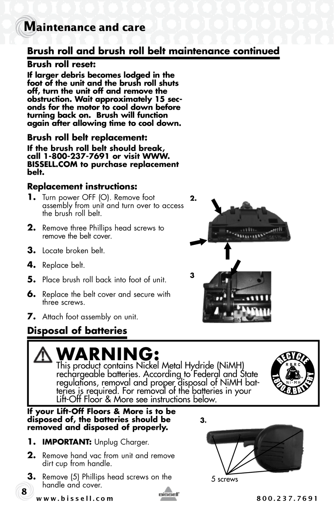 Bissell 29H3, 75Q3, 53Y8 Disposal of batteries, Brush roll reset, Brush roll belt replacement Replacement instructions 