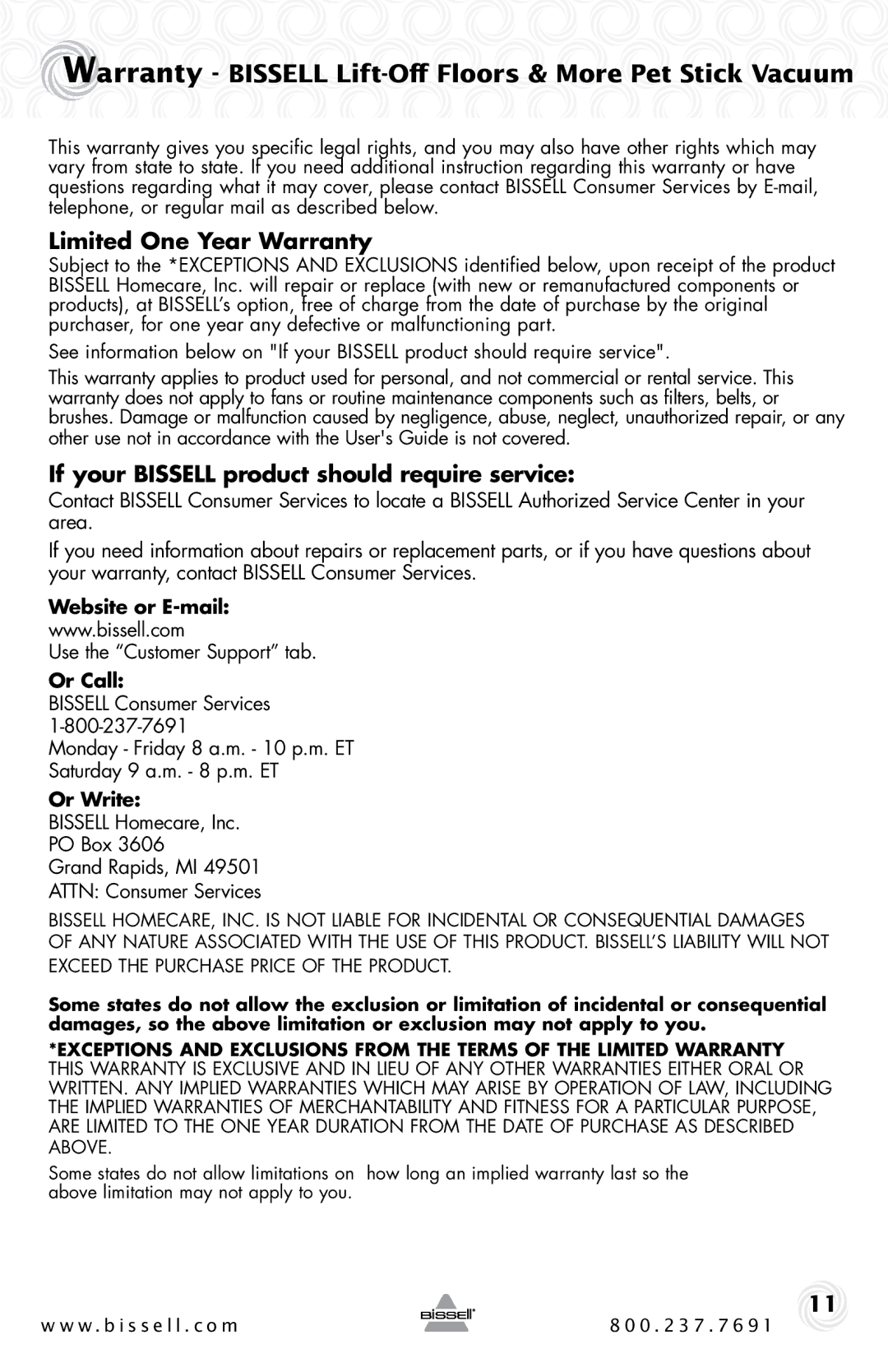 Bissell 53Y8, 75Q3 Limited One Year Warranty, If your Bissell product should require service, Website or E-mail, Or Call 