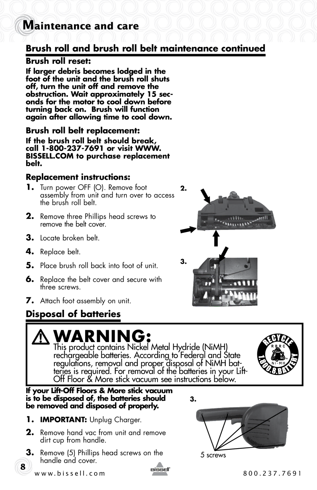 Bissell 75Q3, 53Y8 warranty Disposal of batteries, Brush roll reset, Brush roll belt replacement Replacement instructions 